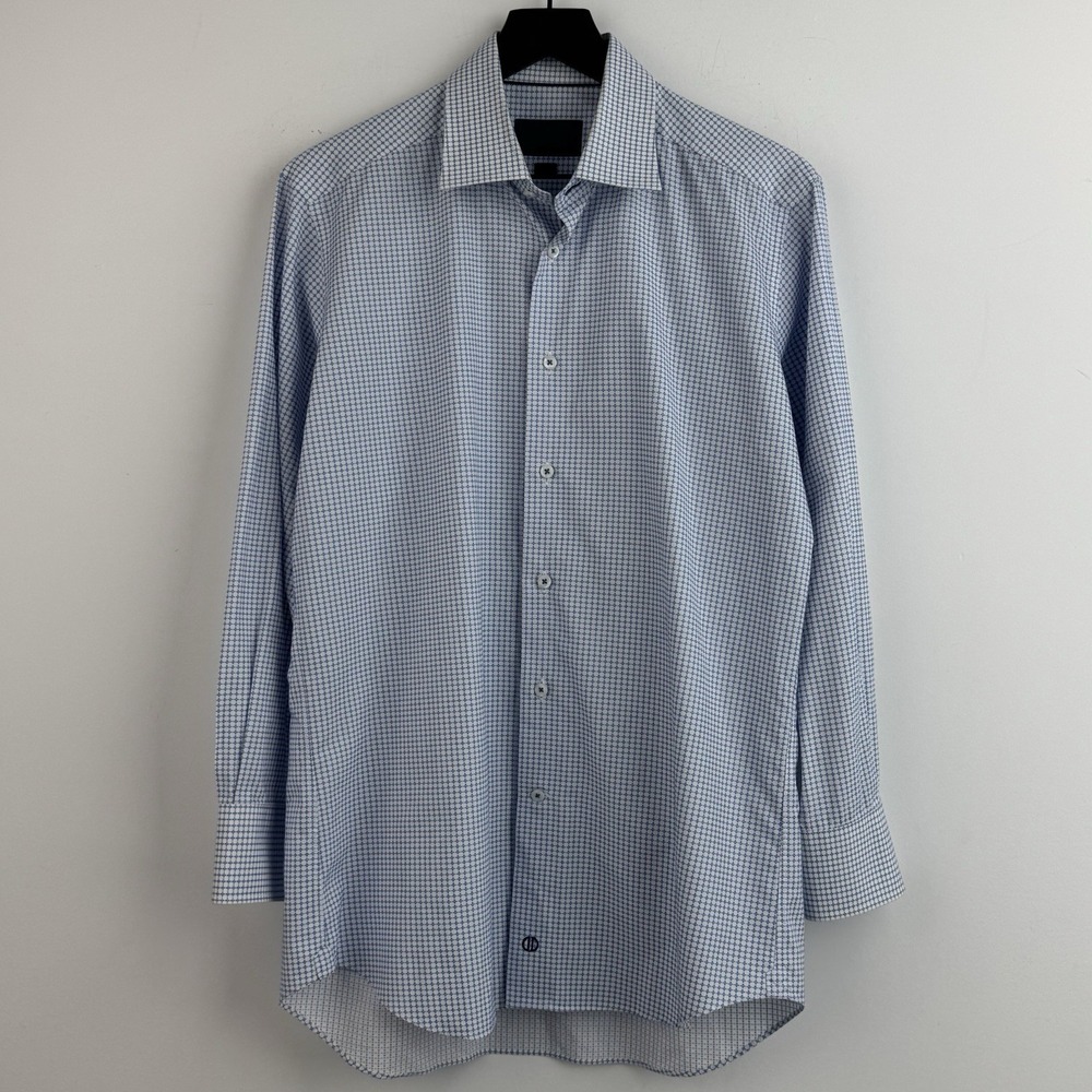 David Donahue Trim Dress‎ Shirt Mens 16.5 32/33 Blue Geometric Grid Long Sleeve